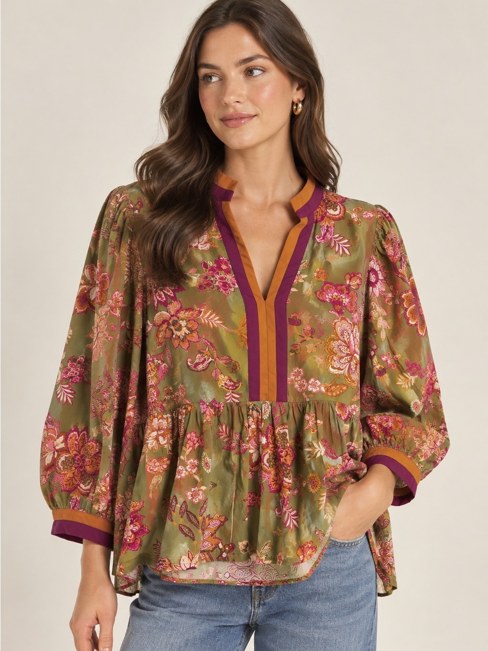 Entro Olive Floral Split-Neck Peplum Blouse - Olive/Plum